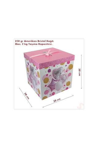 Kapaklı, Katlanır Demonte Karton Kutu, 30cm - Balon & Pembe