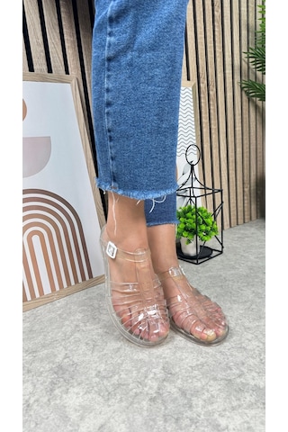 Kadın Çocuk Deniz Ayakkabısı Plaj Havuz Rafting Jel Görünümlü Şeritli Kaydırmaz Taban Sandalet 309 Şeffaf