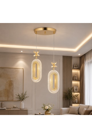 2 Li Defne 3 Renk Modlu Kristal Taşlı Ledli Sarkıt Avize Sarı