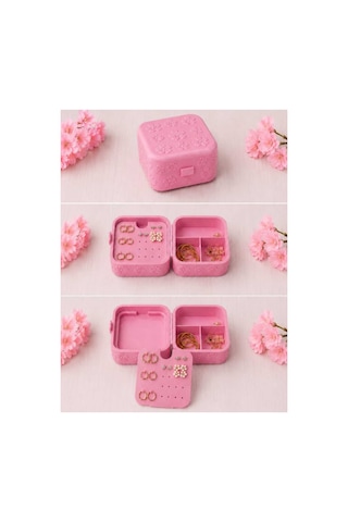Pembe Çiçek Kabartmalı Takı Ve Mücevher Kutusu - Bölmeli Küpelik Yüzüklük Organizer 88x183x33 Mm Pembe