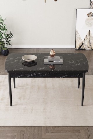 Milas Siyah Mermer Desen 80x132 Mdf Açılabilir Mutfak Masası Takımı 6 Adet Sandalye Krem