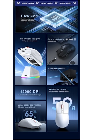 Dark Alien X1 Kablosuz 3 Modlu Oyuncu Mouse- 59 Gram 400 Mah Batarya- Makrolu Diğer