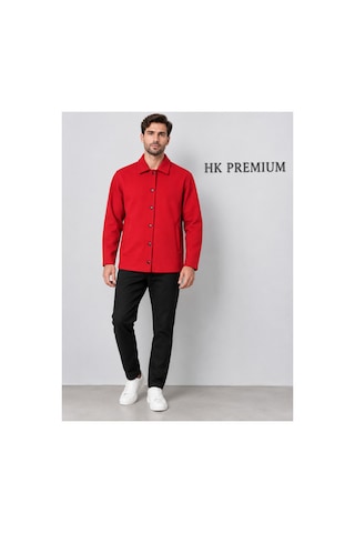 Hk Premium Erkek Gri Double Face Pike Gömlek Ceket Regular Fit, Çıtçıtlı, Uzun Kollu, Smart Casual Kırmızı