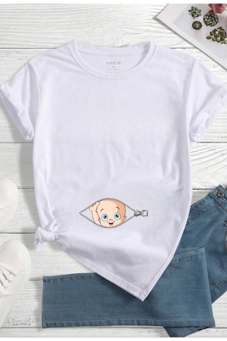 Caxis Fermuar Bebek Baskılı Oversize Hamile Tişört Beyaz