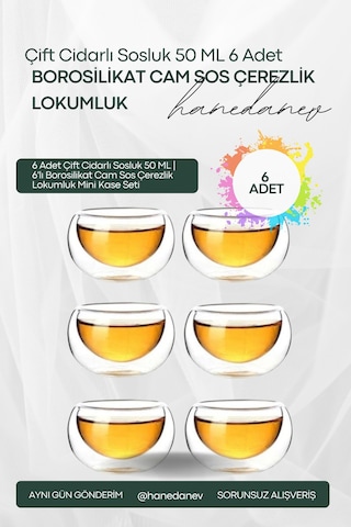 6 Adet Çift Cidarlı Sosluk 50 Ml 6'lı Borosilikat Cam Sos Çerezlik Lokumluk Mini Kase Seti Şeffaf
