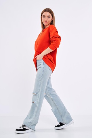 Comeor Turuncu Kadın Pamuklu Oversize Basic Bisiklet Yaka Sweatshirt 001