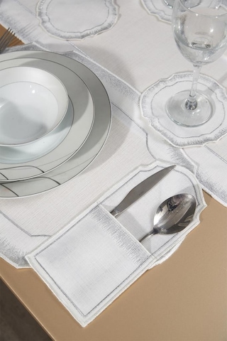 Aslı Keten Nakışlı Amerikan Servis Takımı 19 Parça Silver Gümüş