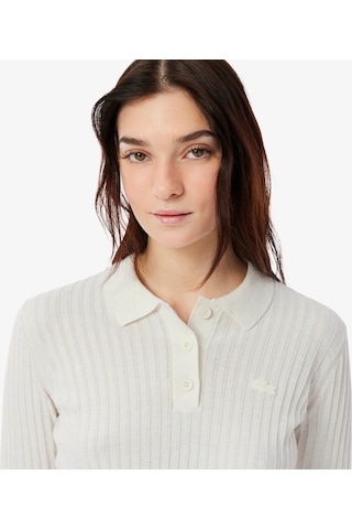Lacoste Kadın Triko Uzun Kollu Polo Yaka Ekru