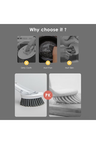 Monyee Otomatik Sabun Dağıtan Mutfak Temizlik Fırçası - Uzun Kolu, 2 Fırça + 2 Sponge Ucu İle Tabak, Tencere Temizliği Kolaylığı - Açık Gri