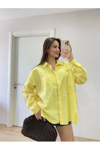 Defymoda Yakalı Yandan Yırtmaçlı Gömlek - Sarı Sarı