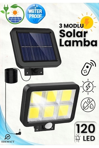 120 Led Ayrı Solar Panel Güneş Enerjili 3 Mod Duvar Lambası 5 Metre Kablolu Bahçe Solar Aydınlatma