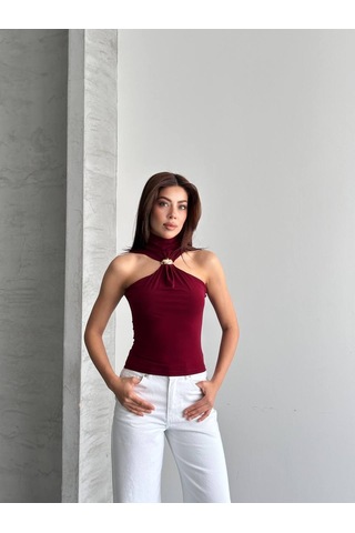 Kadın Gold Aksesuar Detaylı Halter Yaka Bluz Bordo