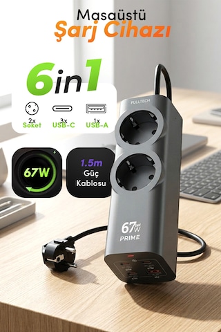 Fulltech Fc54 67w Gan Masaüstü Şarj İstasyonu 3x Usb-c + Usb-a + 2 Prizli Power Strip Laptop Hız 2 m