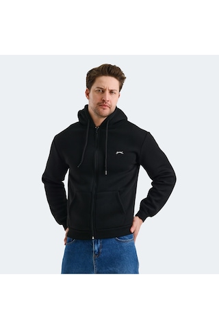 Slazenger CUDI I Erkek Fermuarlı Kapüşonlu Cepli Siyah Sweatshirt