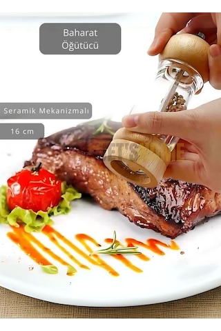 Baharat Öğütücü Kalınlık Ayarlı Karabiber Değirmeni Ahşap Tuz Değirmeni Seramik Bıçaklı 16 Cm Şeffaf