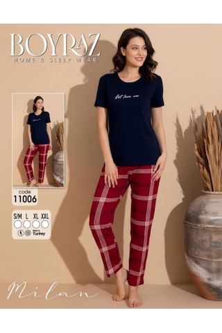 Boyraz Slim Fit Dar Kesim Kadın Milan Bisiklet Yaka Kısa Kol Pijama Takımı 11006l - 1 Adet Lacivert