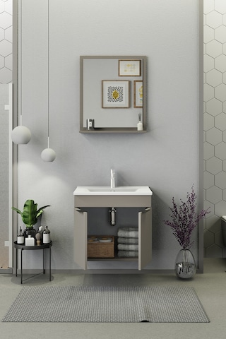 Biani Fix Arya 65 Cm Banyo Dolabı,Seramik Lavabolu, Aynalı,Lavabo Dahil,Mdf,Latte