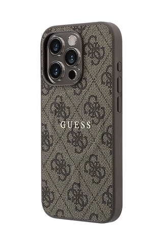 İphone 15 Pro Uyumlu Kılıf Guess Lisanslı M-safe Kabartmalı 4g Desenli Yazı Logolu Kapak Kahverengi