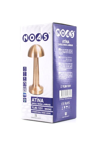 Noas Atina Yl86-1231 Oval Metal Mantar Masa Lambası - Dokunmatik Renkli, Type-c Şarjlı, 3 Fonksiyonlu