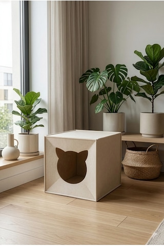 Bej Keçe Kedi Yuvası Dekoratif Mama Kabı Altlığı Hediyeli Organizer Düzenleyici Katlanabilir