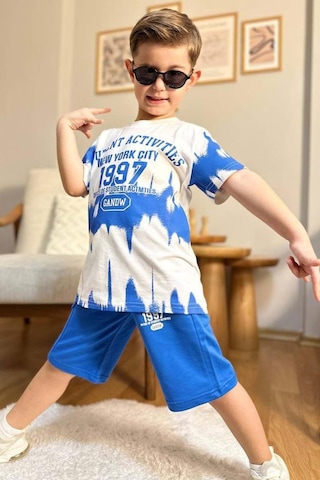 Riccotarz Erkek Çocuk New York City Ve Yazı Baskılı T-shirt Mavi Şortlu Takım Mavi