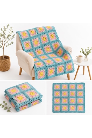 Lexroo El Yapımı Pastel Renkli Kare Motif Örgü Battaniye Yumuşak Dokulu El Emeği Çok Renkli
