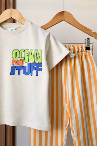 Magu Erkek Çocuk Pamuklu Ocean Baskılı T-shirt Çizgili Eşofman Takım Çok Renkli