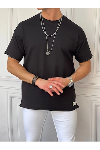 Modefendi Pamuk Likra Yırtmaç Detaylı 2 İplik Oversize Tshirt Siyah