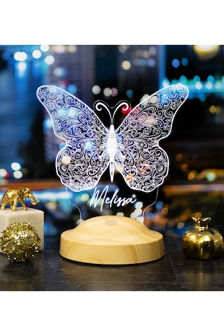 Kelebek Tasarımlı İsimli 3D Led Gece Lambası Çok Renkli