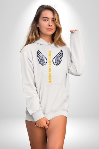 Uçan Hayaller Gökyüzünde Melek Kanatları Kadın Erkek Beyaz Kapüşonlu Sweatshirt Hoodie Beyaz