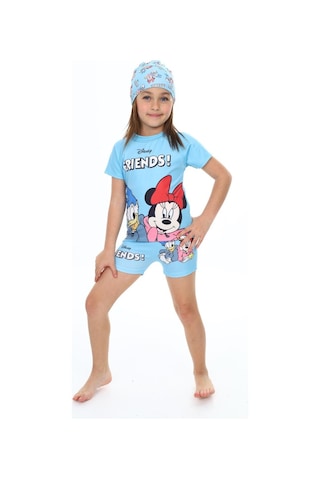 Lolliboomkids Kız Çocuk Hipster Şort Mayo T-shirt Bone 3'lü Takım Güneş Koruma Hassas Ten Karakter Baskılı Mavi