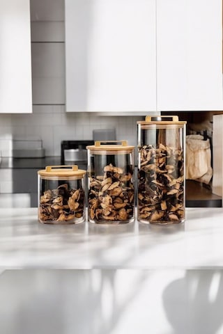 Morponi 3'lü Borosilikat Cam Büyük Boy Bambu Vakum Kapaklı Cam Saklama Kabı Baharatlık 6,3 Lt 9,4 Lt 12,5 Lt Şeffaf