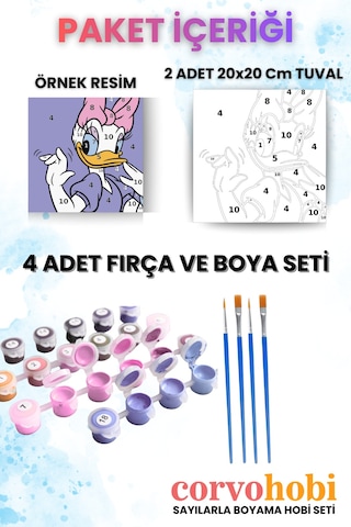 Sayılarla Boyama 20x20 Cm İkili Tuval Seti Fırça Boya Dahil - Mickey Çift Sevgiliye Hediye