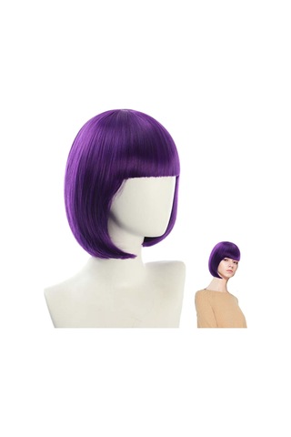 Hangfox 30 Cm Mor Kısa Düz Saç, Isı Dayanıklı Sentetik Fiber, Ayarlanabilir Franjlı, Halloween Parti Kostümü Saç Takımı
