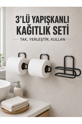3 Adet Yapışkanlı Rulo Tutucu Siyah Metal Tuvalet Kağıdı Askısı Çokrenkli