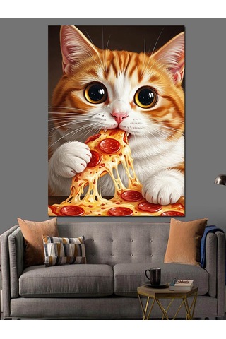 Pizza Yiyen Sevimli Kedi Dekoratif Kanvas - Mdf Ahşap Tablo