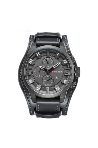 Geeksen Erkekler İçin Büyük Gösterge Ve Takvimli Deri Kordonlu Kuarc Saat - Curren M8225 Siyah-gri Çok Renkli