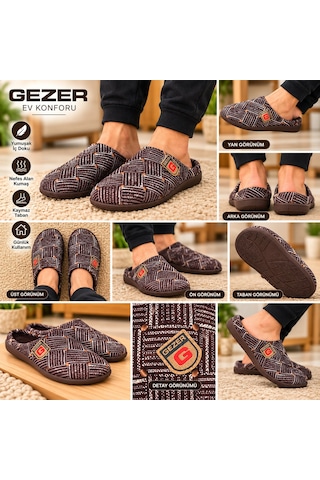 Gezer Erkek Ev Terliği Kahverengi Desenli Rahat Tabanlı Günlük Kullanım Terliği