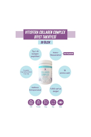 Vitisfera Collagen Complex- %100 Saf, Doğal Tip I-ııı Çift Hidrolize Kolajen Peptitleri + Trans Resveratrol İçeren Gıda Takviyesi Nötr Tat, Şekersiz