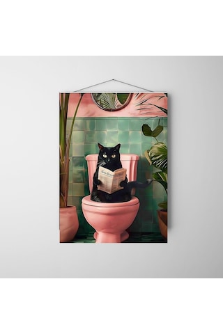 "tuvalette Gazete Okuyan Siyah Kedi Duvar Posteri Eğlenceli Dekoratif Tasarım-çerçevesiz