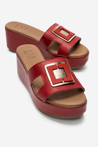 Luvi Shoes Hıola Kırmızı Hakiki Deri Tokalı Kadın Dolgu Topuklu Terlik