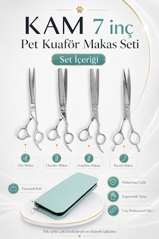 Kam 7 İnç Pet Kuaförlüğü İçin Başlangıç Köpek Tıraş Makas Seti 4 Parça