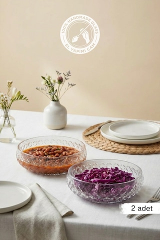 Selen Concept Kafes Model El Yapımı Büyük Boy Cam Salata Kasesi 2 'li Set Şeffaf