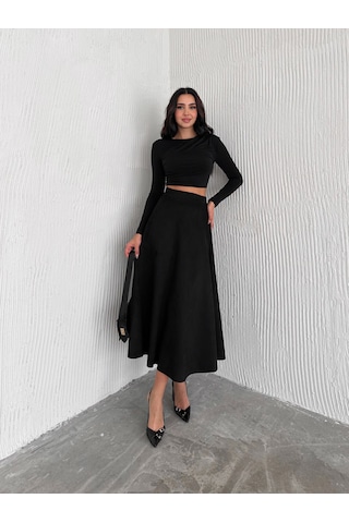 Ozy Fashion Kadın Süet Kloş Etek Siyah