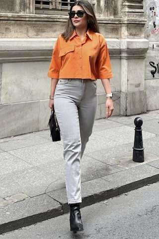 WeShaya Kadın Gri Yüksek Bel, Rahat Kesim, Boru Paça, Skinny Kot Pantolon - Jeans Açık Gri