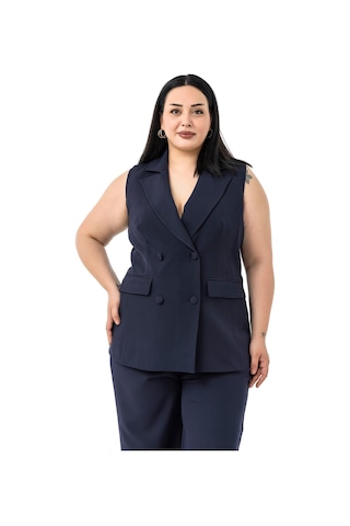 Büyük Beden Kaplama Düğmeli Yelek Pantolon Lacivert İkili Takım Lacivert