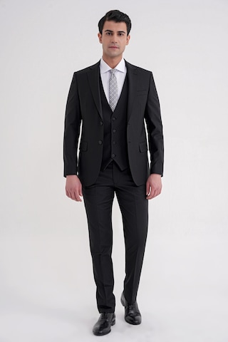 Efor Slim Fit Çift Yırtmaç Dokulu %97 Yün Esnek Siyah Yelekli Klasik Takım Elbise Tk 936 Siyah