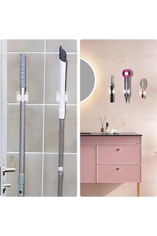 Mainshop Yapışkanlı Pratik Mop Temizlik Fırçası Tutucu Asma Askı Aparatı Paspas Sapı Tutucu 4 Adet M-310 Beyaz