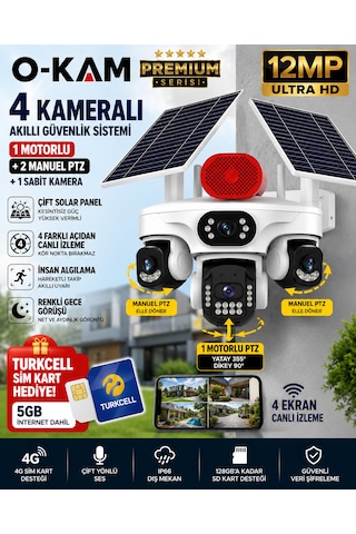 O-kam Ok337b Premium 12mp 4 Kameralı 4g Çift Solar Panel Aov Gece Görüş Sesli Konuşma Akıllı Kamera Turkcell Sim Kart