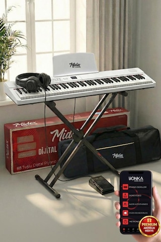 Midex Plx-80whst Taşınabilir Katlanır Dijital Piyano Tuş Hassasiyetli 88 Tuş Bt Stand Sustain Kulaklık Çanta Metod